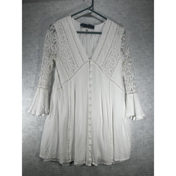 Blue Rain Boho Ivory-White Mini Dress Lace Sleeves Button Front Womens size XS - Picture 1 of 10